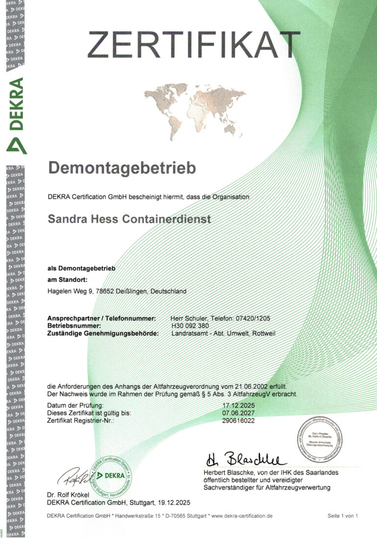 Zertifikat Demontagebetrieb Sandra Hess